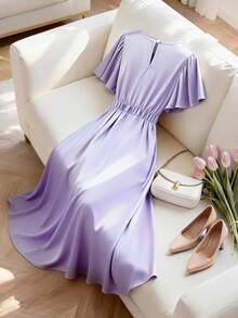 GlowEve CURVE Plus Size Women's Summer New Lavender Elegant Dress,Round Neck Ruffle Sleeve Waist Belt Metal Buckle Tea Party Brunch Banquet Date Night Woven Gown - Mauve Purple - View 1