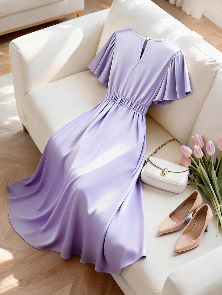 GlowEve CURVE Plus Size Women's Summer New Lavender Elegant Dress,Round Neck Ruffle Sleeve Waist Belt Metal Buckle Tea Party Brunch Banquet Date Night Woven Gown - Mauve Purple - View 1