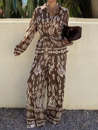 DAZY Women's Casual Floral Print Shirt And Wide Leg Pants 2 Pieces Set, Spring/Summer