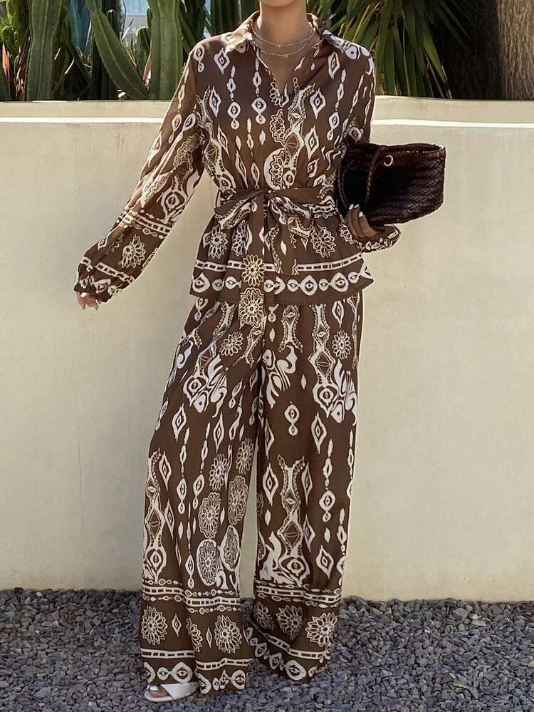 Women's Casual Floral Print Shirt And Wide Leg Pants 2 Pieces Set, Spring/Summer Boho