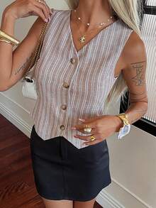 DAZY Áo blazer nữ cổ chữ V không tay, dáng ôm, kẻ sọc, thích hợp mặc mùa hè. - Xám - Xem 3