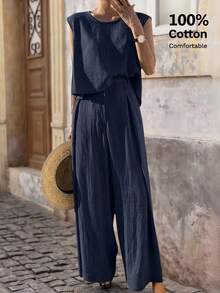 Brillora 女士度假休闲纯色背心和阔腿裤两件套，100%纯棉两件套，棉质套装，波西米亚风，波西米亚风格，女士休闲套装，夏季度假装，返校装；简约套装；女士乡村风服装；办公装；复古风；教师装；约会装；毕业季；春夏休闲两件套；度假，女士两件套休闲套装，女士阔腿裤，女士夏季裤装套装，藏蓝色上衣和裤子，女士休闲装，藏蓝色女士裤装套装 - 藏蓝色 - 查看 3