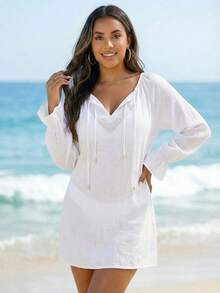 Swim Vcay Women's White Pearl V-Neck Casual Vacation Beach Cover-Up Dress - White - View 5