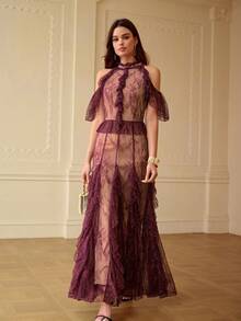 ZEYLAH Lace Patchwork Ruffle Off-Shoulder Dress, Spring/Summer - Purple - View 4