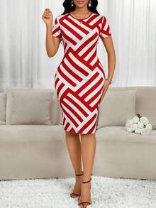 SHEIN Lady 春夏商务办公女装休闲中长条纹印花连衣裙 - 紅白色 - 查看 6