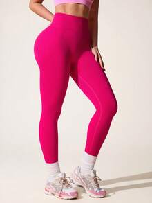 SHEIN Sports 玫瑰红色无缝高腰运动紧身裤 - 玫紅色 - 查看 2
