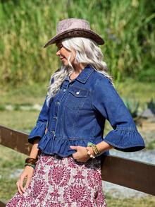 EMERY ROSE Women's 3/4 Sleeve Flare Cuff Single-Breasted Ruffle Hem Denim Jacket - Medium Wash - View 6