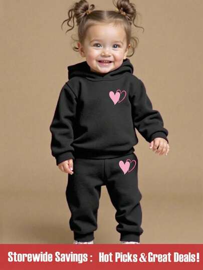 2 件套女婴休闲心形图案针织柔软连帽卫衣和裤子套装，适合秋季，轻盈舒适，秋冬时尚休闲装，适合上学、派对、户外野餐、街头摄影、礼物