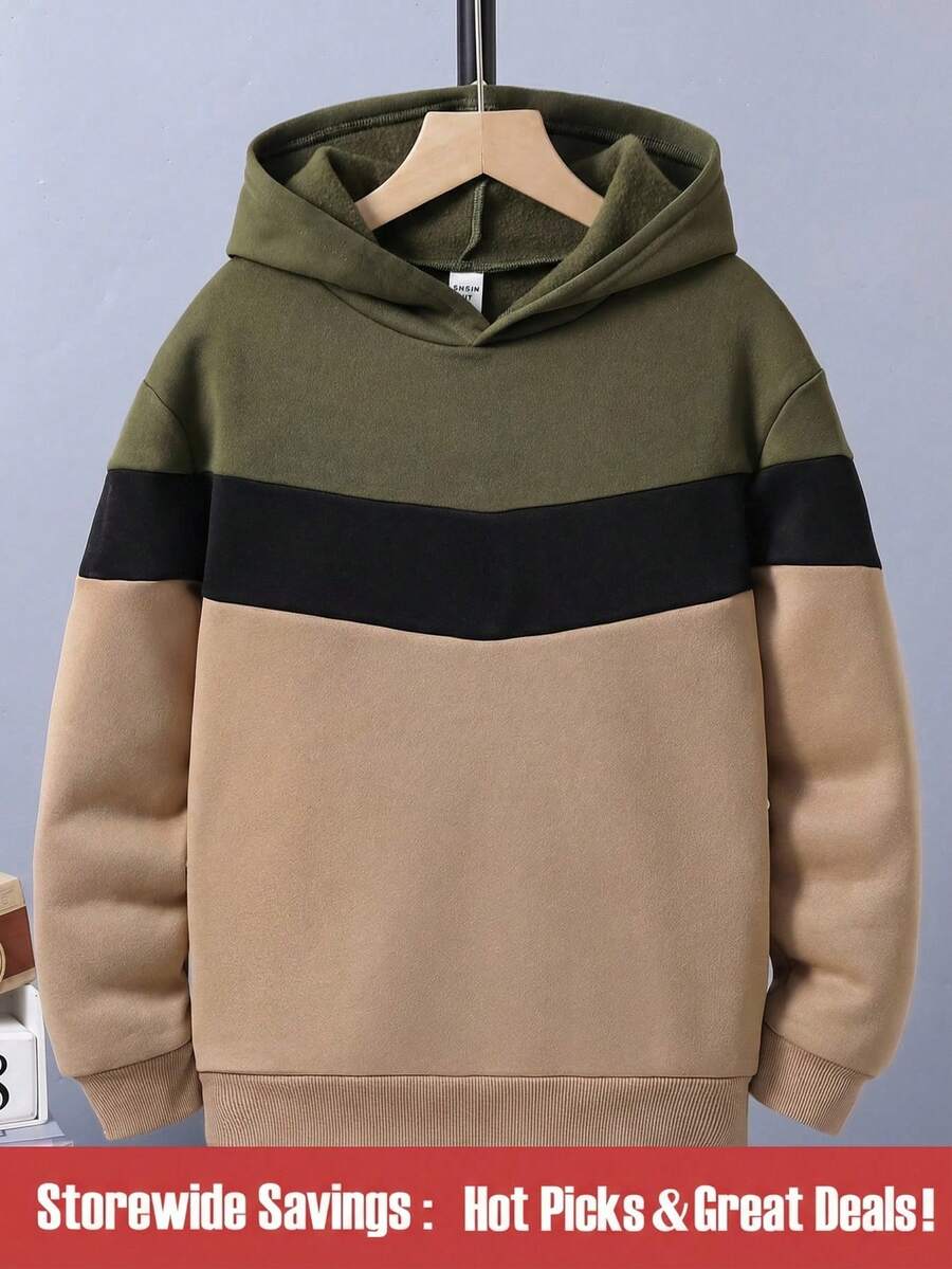 SHEIN 男童撞色保暖连帽衫 - 卡其色 - 查看 1