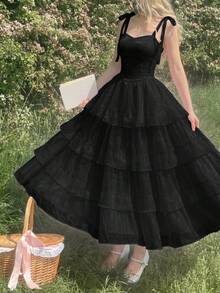SHEIN MOD 女士优雅纯色吊带连衣裙，夏季必备 - 黑色 - 查看 7