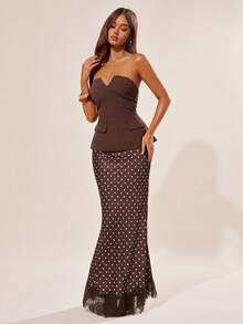 Radiana 棕色优雅女士套装，包括棕色无肩带西装外套和棕色低腰波点半裙，修身剪裁，复古风格，适合通勤、约会、法式都市风、休闲商务等场合，包括夜晚、约会、聚会、派对、宴会、生日、通勤、办公室、商务、正式场合、假日旅行等。 - 棕色 - 查看 3