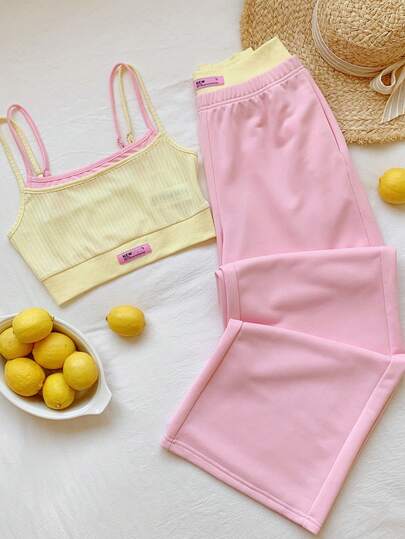 Comfortcana 两件套休闲运动撞色无袖上衣和裤子套装，米色和粉色