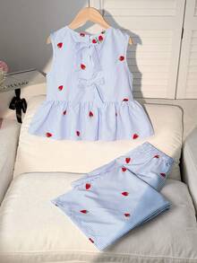 SHEIN 2件套少女碎花无袖上衣和宽松休闲裤套装 - 藍色 - 查看 3