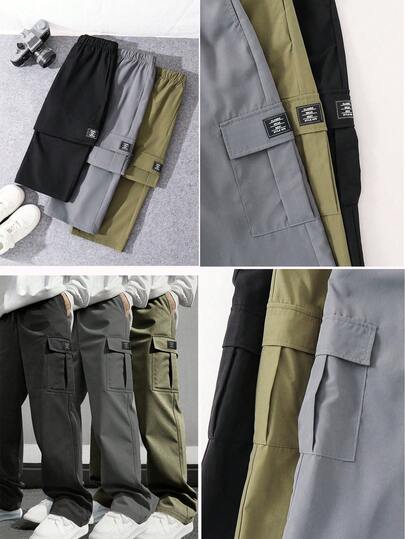 SHEIN Pantaloni cargo casual lejeri cu talie elastică și imprimeu cu litere pentru băieți preadolescenti