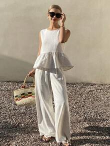 DAZY Women's Casual Round Neck Tie Strap Tank Top And Wide Leg Pants 2 Pieces Set, Summer - Apricot - View 5