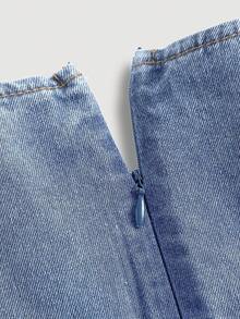 SHEIN Đầm ngắn cổ vuông bằng vải denim xanh cho bé gái - Rửa nhẹ - Xem 5