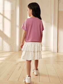 SHEIN Girls Loose Batwing Sleeve T-Shirt With 3D Ribbon Bow,White Double-Layer Cake Skirt Set,Korean Style Summer Family Matching Daily Wear Pink Outfits - Purple - View 2