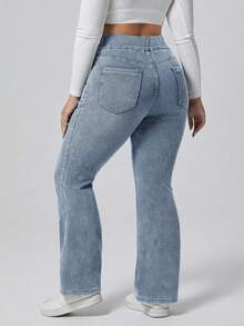 Flexra Plus Size Casual Washed High Waist Flare Jeans - Blue - View 2