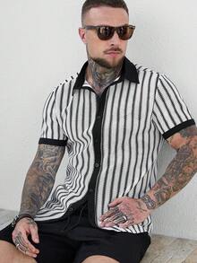 Manfinity CasualCool Men's Striped Polo Collar Single-Breasted Casual Versatile Daily Wear Short Sleeve Shirt - White - View 5