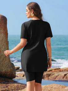 Swim Shayni 大码女式新款纯色两件式泳衣，做工精良，充满年轻中东风情，可拆卸胸垫，长袖，前侧褶皱裙摆，优雅几何线条及膝短裤，休闲时尚度假沙滩泳装 - 黑色 - 查看 2