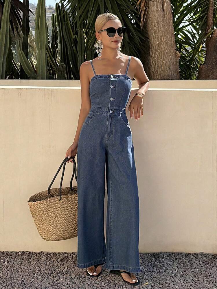 Women's Summer Spaghetti Strap Jumpsuit, Backless Tie-Up Casual Elegant Denim Bib Pants & Jumpsuit