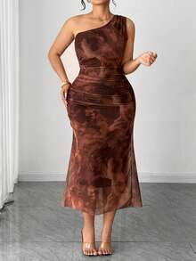 Elenzga Plus Size Mesh Floral Print Asymmetrical Shoulder Dress Summer Dress Women's Floral Dress - Coral Orange - View 5