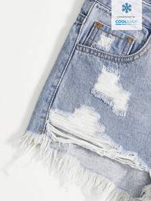 SHEIN EZwear 女士休闲破洞毛边牛仔短裤 - 淺色水洗藍 - 查看 5