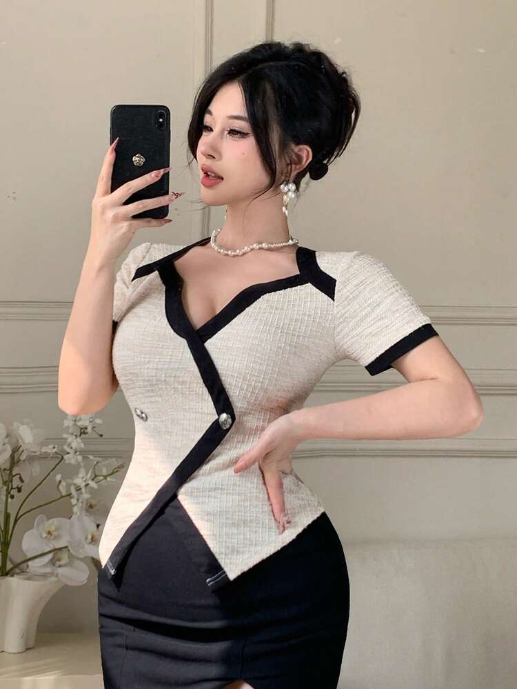 Women's Elegant Contrast Color Patchwork Asymmetric Lightweight Jacket, Summer