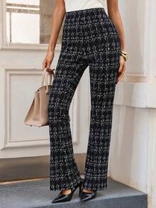 SHEIN Clasi Women's Plaid Flare Pants Black And White Checkered,Summer,Elegant,Office High Waist Tweed Trousers For Business Casual,Commute,Work & Tall Suit Pants - Black and White - View 6