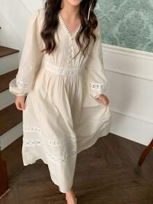 DAZY Tween Girls V-Neck Puff Sleeve Dress, Fall - Beige - View 2