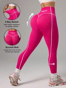 Sovereign Charm 女士字母印花高腰休闲健身紧身裤 - 玫紅色 - 查看 1