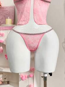PetitDoll 2pcs Valentine's Day Floral Lace Patchwork Comfortable Lingerie Set - Pink - View 8