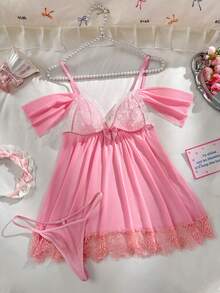 PetitDoll Set de 2 piezas Camisón de encaje sexy con parches para mujer, Día de San Valentín - Rosa - Ver 6