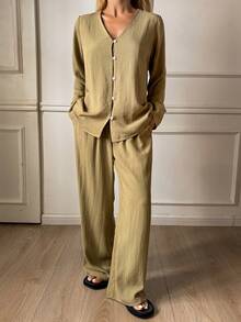 DAZY 极简宽松V领撞色纽扣女士睡衣套装 - 綠色 - 查看 6