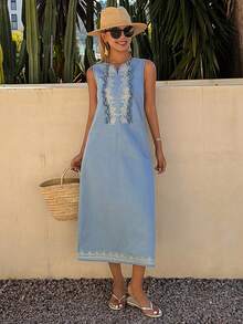 DAZY 女士夏季无袖荷叶边印花度假风休闲长款牛仔连衣裙 - 淺色水洗藍 - 查看 3