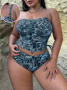 Slaydiva 大码坦克比基尼两件套，简约日常休闲夏季女士沙滩装，随机印花 - 藍色 - 查看 1