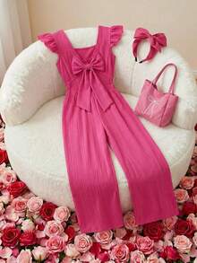 SHEIN ChillGRL Streecool Kids 女童春夏休闲时尚百搭甜美喇叭袖连体裤，方领露背蝴蝶结设计，优雅甜美风格，适合休闲、通勤、派对和外出穿着。 - 玫紅色 - 查看 3