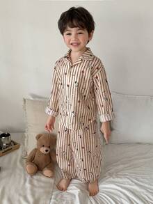 DAZY Young Boy Striped Pattern Long Sleeve Button-Up Top And Pants Pajama Set - Khaki - View 1