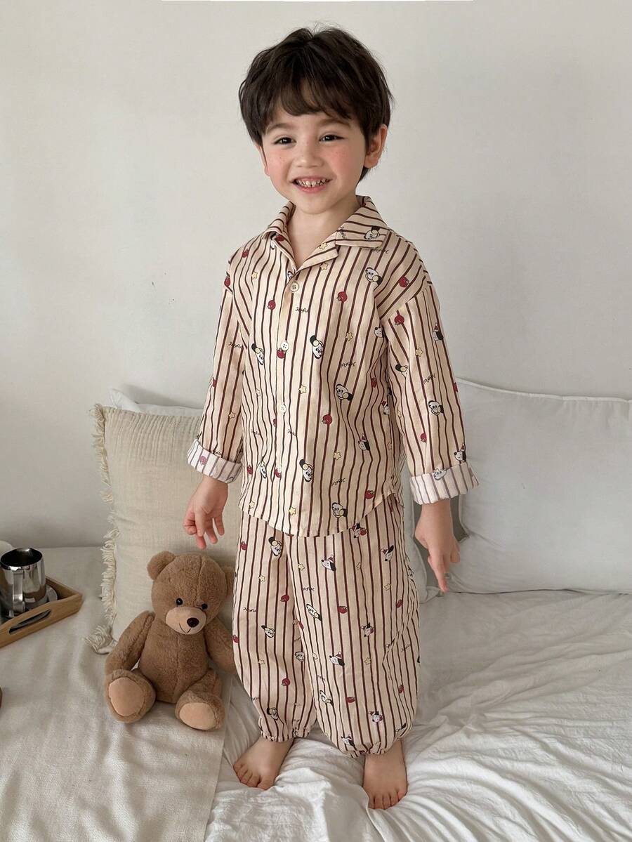 DAZY Young Boy Striped Pattern Long Sleeve Button-Up Top And Pants Pajama Set - Khaki - View 1