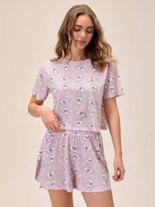 EURMUSE Cute Bunny Print Casual Relaxed Two Pieces Sleepwear Set - Pink - View 4