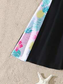 SHEIN Bộ đồ bơi dài tay in hình lá cây có khóa kéo dành cho bé gái tuổi teen, màu hồng, gồm áo và quần, thích hợp cho bãi biển, bơi lội và kỳ nghỉ. - Nhiều màu - Xem 7