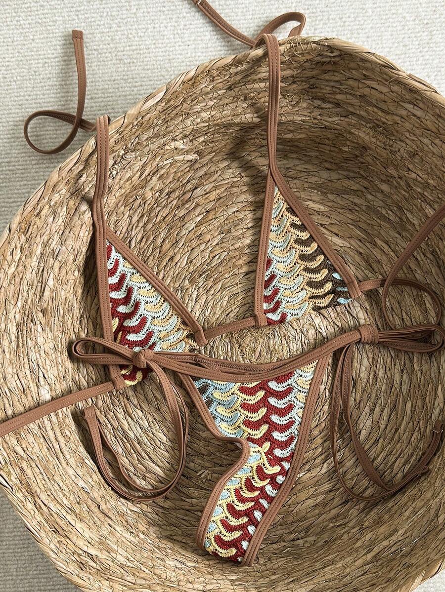 Swim SXY 2-Piece Textured Halter Bikini Set With Tie Side Bottoms, Sexy Swimwear For Beach & Holiday, Spring/Summer - Multicolor - View 1