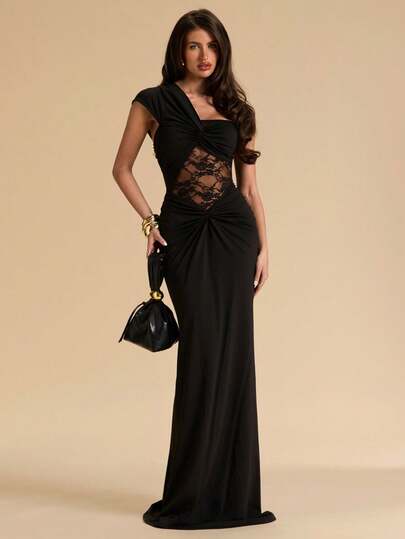 SHEIN BAE 纯色不对称扭腰透视修身连衣裙，蕾丝拼接长裙，适合春夏穿着