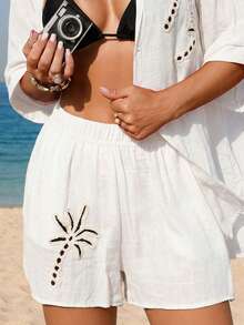 Swim Vcay 春夏新款优雅秋季单件编织纯色椰树图案装饰短裤，度假风女士泳装下装 - 白色 - 查看 3