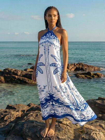 CAJUNI Loose Flowy Blue & White Printed Dress, Suitable For Summer Casual/Holiday Wear
