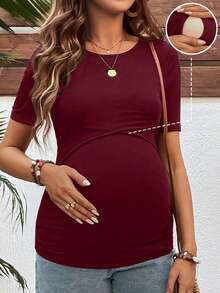SHEIN Maternity Solid Color Round Neck Short Sleeve Nursing Top - Burgundy - View 1