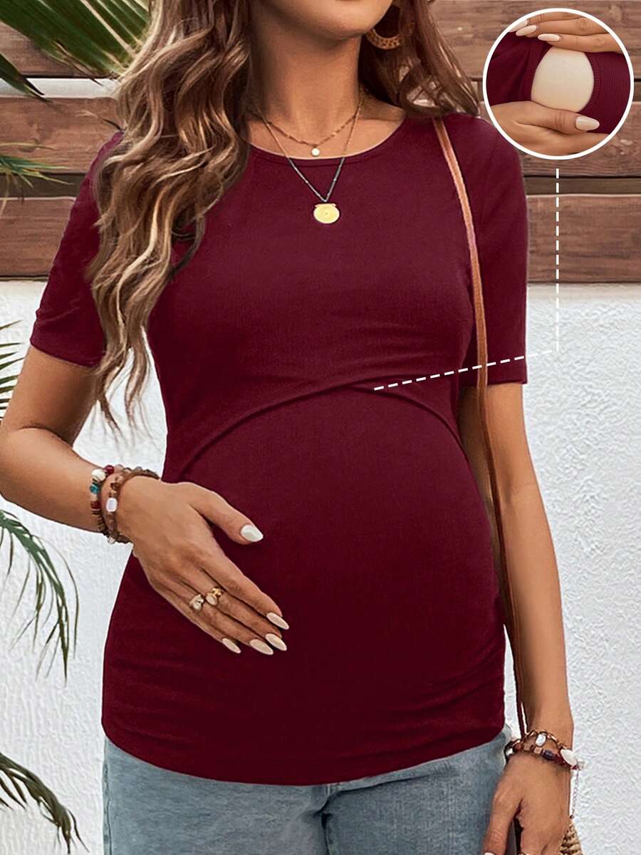SHEIN Maternity Solid Color Round Neck Short Sleeve Nursing Top - Burgundy - View 1