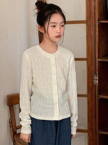 DAZY Tween Girl Minimalist Solid Color Hollow Embroidery Front Button Long Sleeve Shirt, Autumn - Beige - View 2