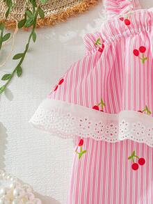 SHEIN 1pc Young Girl Summer New Off-Shoulder Sleeveless Ruffled Jumpsuit, Cherry Striped Print Fabric, Minimalist Retro Casual Vacation Outfit - Pink - View 4