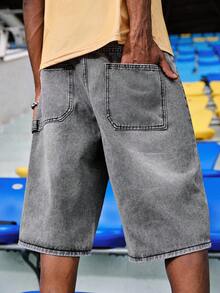 EVRINFINITE Quần short Bermuda denim ống rộng dáng rộng dành cho nam, kiểu Emo, dáng rộng thùng thình, quần jeans ngoại cỡ. - Xám - Xem 2